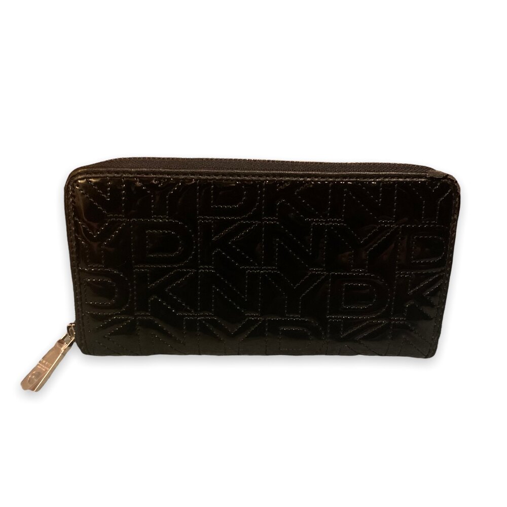 DKNY Zipper Wallet - Solid Black DKNY Imprinted Clutch